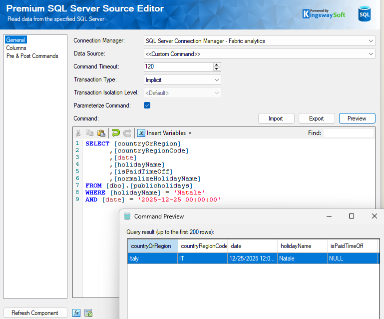 SQL Server Source Editor displaying query results for Christmas holiday in Italy.